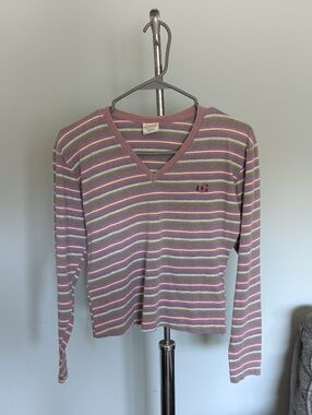 UNIONBAY Striped V-Neck Long Sleeve Top in Lavender, Cream & Sage